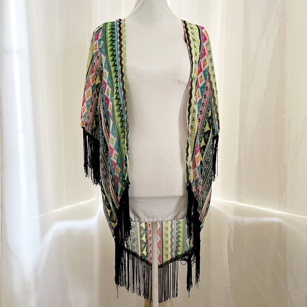 Colorful Aztec fringe Kimono cardigan Size S